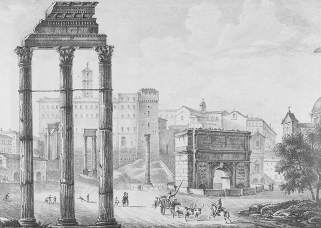 Michelangelo Pacetti, Vue sur le Forum avec les vestiges du Temple des Dioscures au oremier-plan